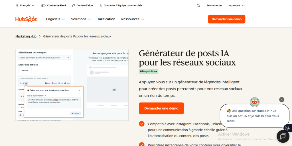 Hubspot générateur de posts Ia pour réseaux sociaux