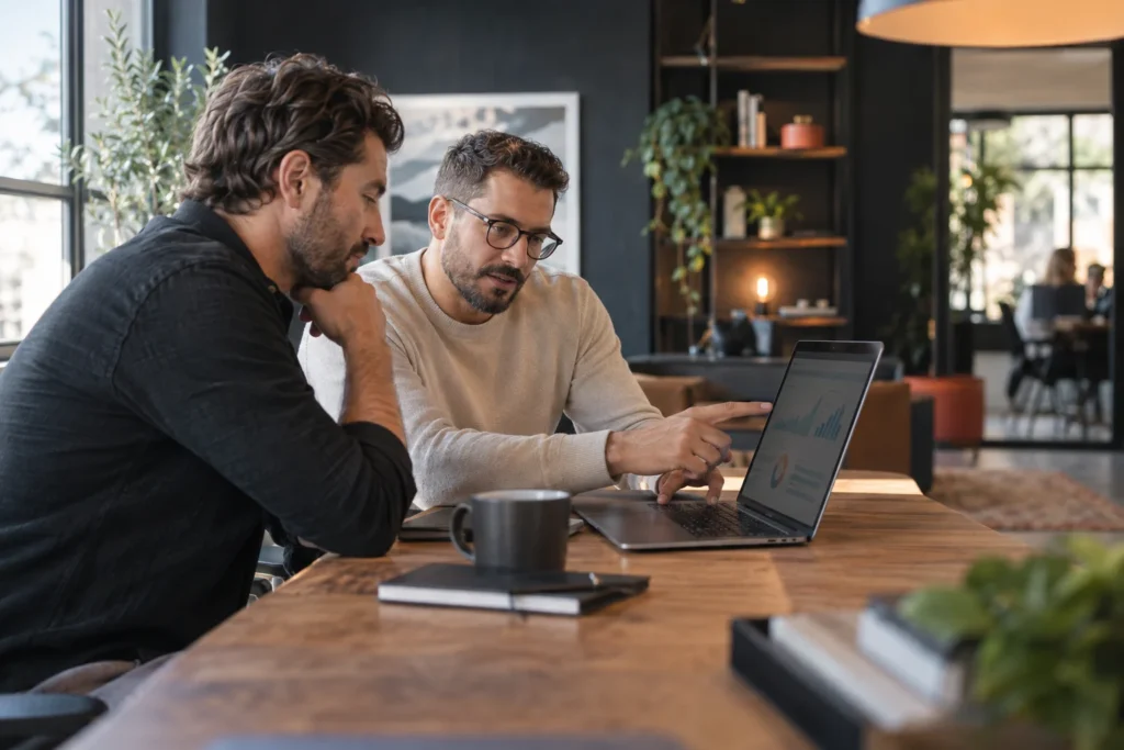 Consultant digital échangeant avec un dirigeant autour des performances de son activité