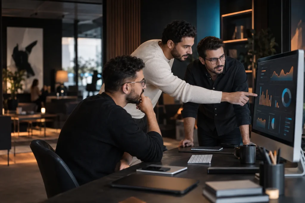 Trois experts digitaux analysant un tableau de bord de croissance dans un studio moderne