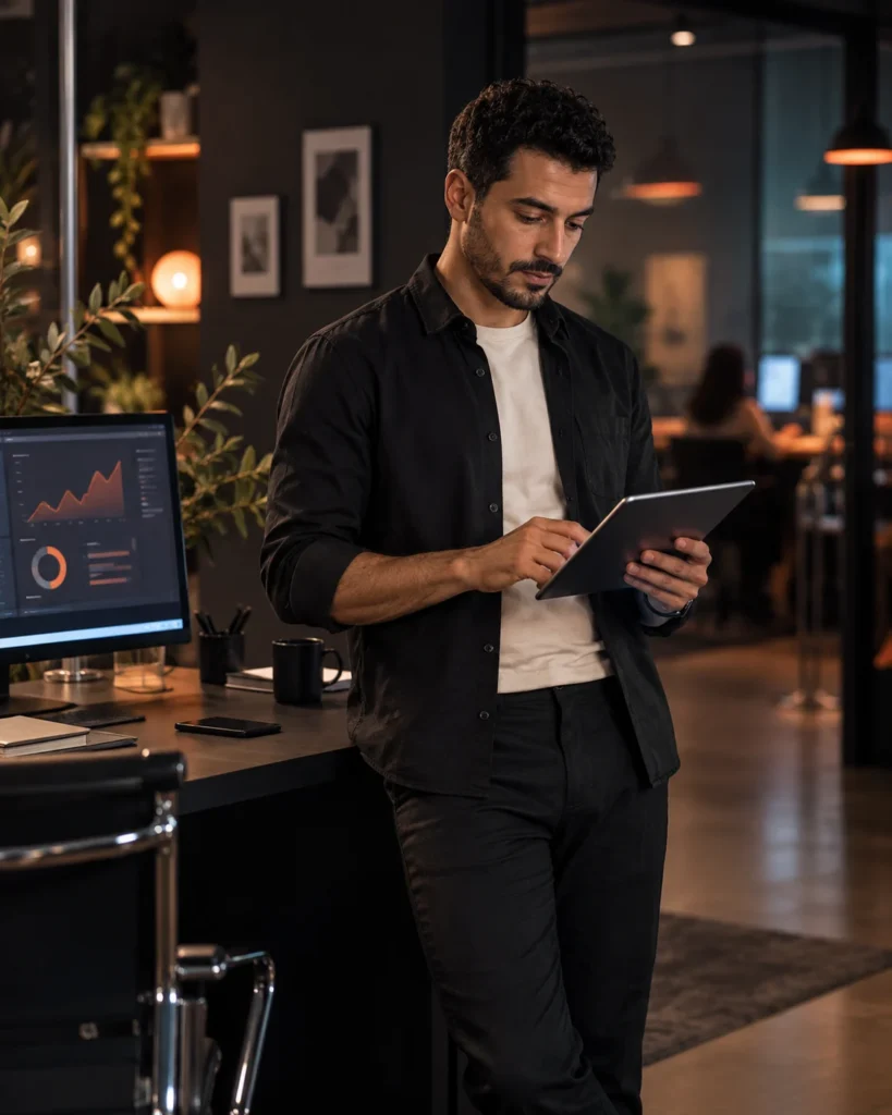 Stratège digital consultant une tablette dans un bureau contemporain